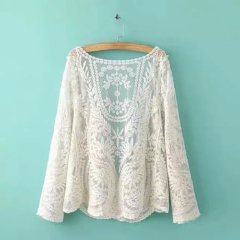 Дантелен памучен кардиган за плаж – елегантен свободен крой, кръгла яка, дълги ръкави, 90–95% памук