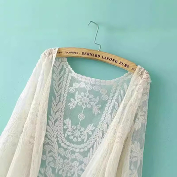 Дантелен памучен кардиган за плаж – елегантен свободен крой, кръгла яка, дълги ръкави, 90–95% памук