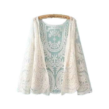 Дантелен памучен кардиган за плаж – елегантен свободен крой, кръгла яка, дълги ръкави, 90–95% памук