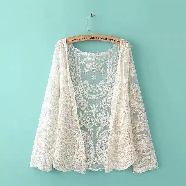 Дантелен памучен кардиган за плаж – елегантен свободен крой, кръгла яка, дълги ръкави, 90–95% памук