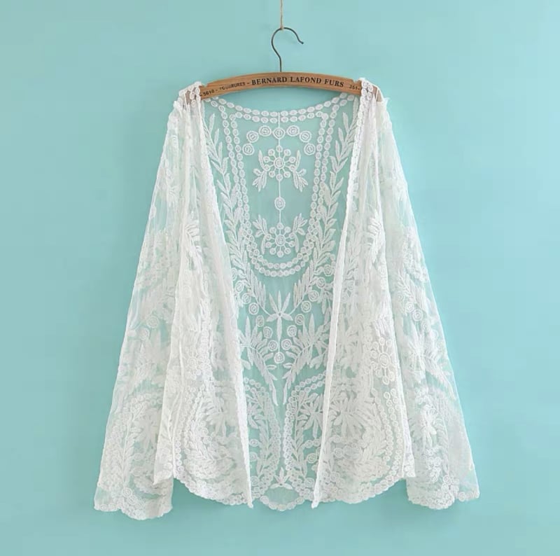 Дантелен памучен кардиган за плаж – елегантен свободен крой, кръгла яка, дълги ръкави, 90–95% памук