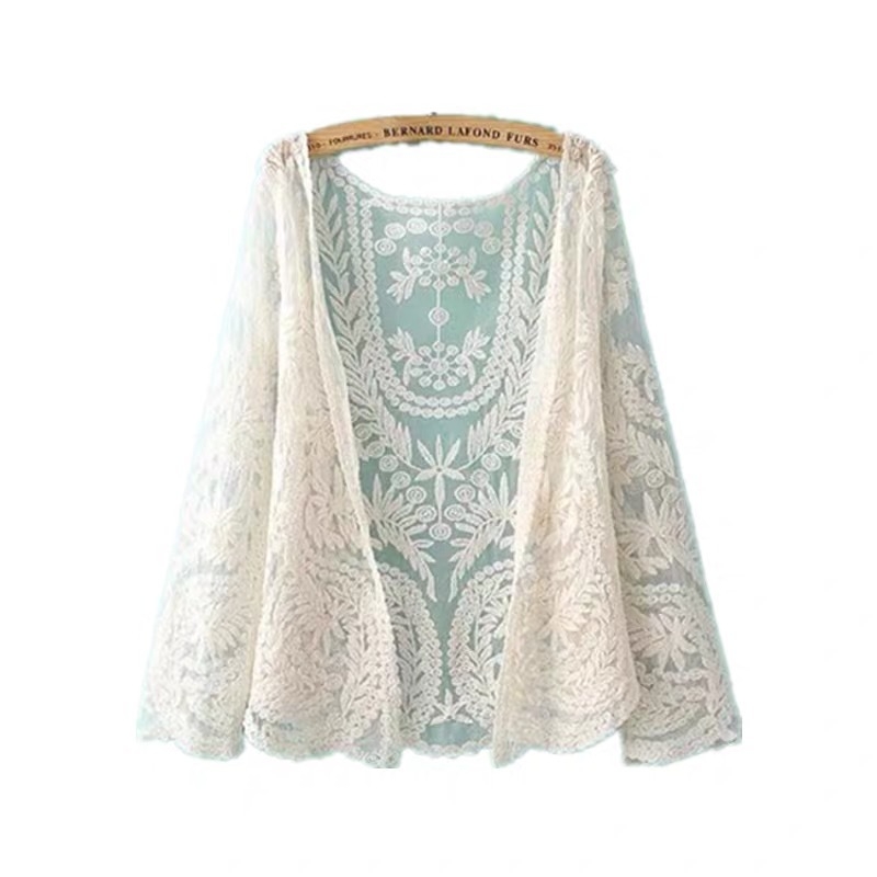 Дантелен памучен кардиган за плаж – елегантен свободен крой, кръгла яка, дълги ръкави, 90–95% памук