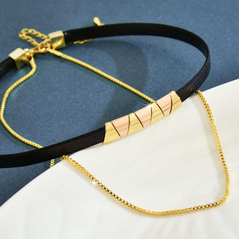 Медно геометрично колие за врата, двоен слой, медна висулка, странична верига