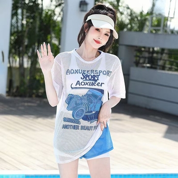 Ženski konzervativni kupaći kostim s tri dijela: odvojeni gornji dio uz labavi vanjski top, cvjetni uzorak, jastučić za prsa, tkanina poliester/nailon