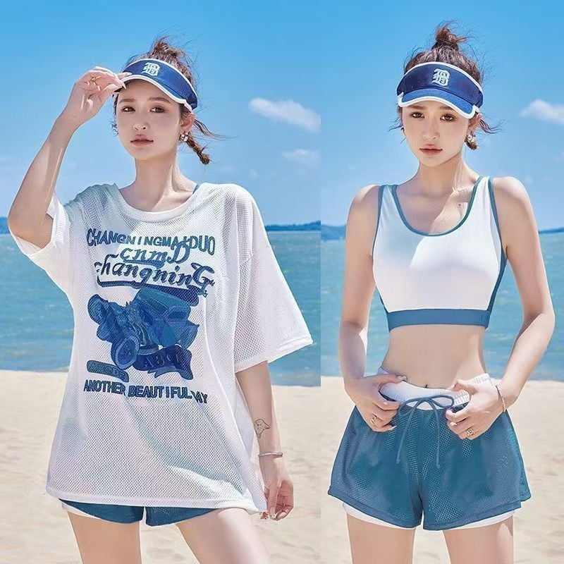 Ženski konzervativni kupaći kostim s tri dijela: odvojeni gornji dio uz labavi vanjski top, cvjetni uzorak, jastučić za prsa, tkanina poliester/nailon