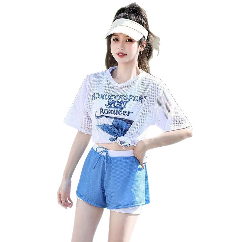 Ženski konzervativni kupaći kostim s tri dijela: odvojeni gornji dio uz labavi vanjski top, cvjetni uzorak, jastučić za prsa, tkanina poliester/nailon