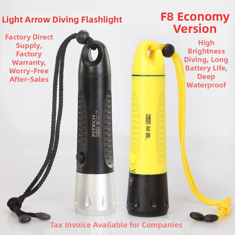Light Arrow F8 potápěčská svítilna — IP68, LED osvětlení, tělo z hliníkové slitiny + technického plastu, výdrž baterie 6–7 hodin, vhodná pro otevřené potápění, záchranu, kempovanie a rybolov