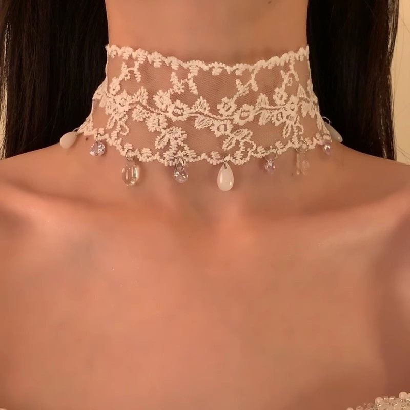 Огърлица чокър с дантела, капковидна форма, висулка от сплав, верига за ключица, стил Инст, Материал: плат