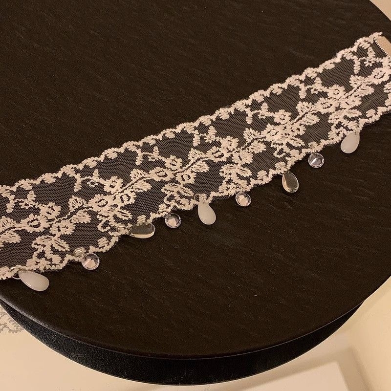 Огърлица чокър с дантела, капковидна форма, висулка от сплав, верига за ключица, стил Инст, Материал: плат