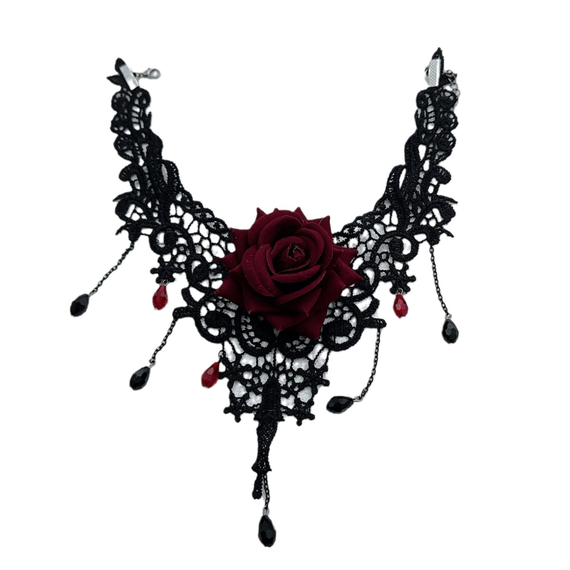 Gotički čipkasti chokers ogrlica s motivom ruže; Materijali: miješani materijali; Lanac: lanac ključne kosti; Privjesak materijal: miješani materijali; Značka: Steel magic; Stil: Tamno.