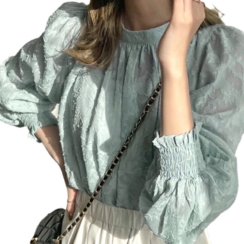 Дантелена шифонова блуза – полиестер, пуловер, полу‑висока яка, седемточкови ръкави, Slim версия, женски модел, японско‑корейски свободен стил