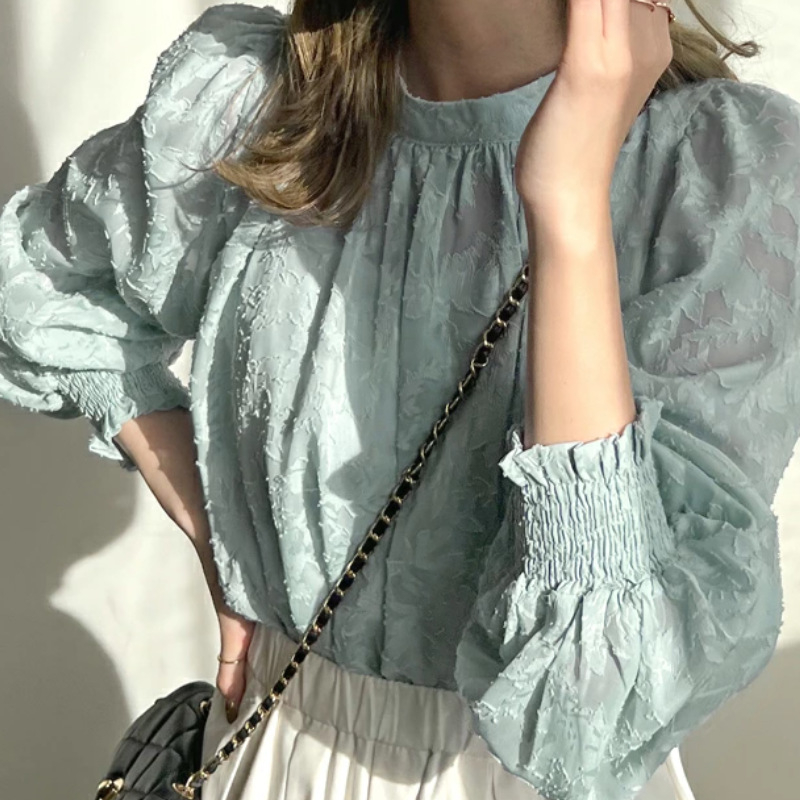 Дантелена шифонова блуза – полиестер, пуловер, полу‑висока яка, седемточкови ръкави, Slim версия, женски модел, японско‑корейски свободен стил