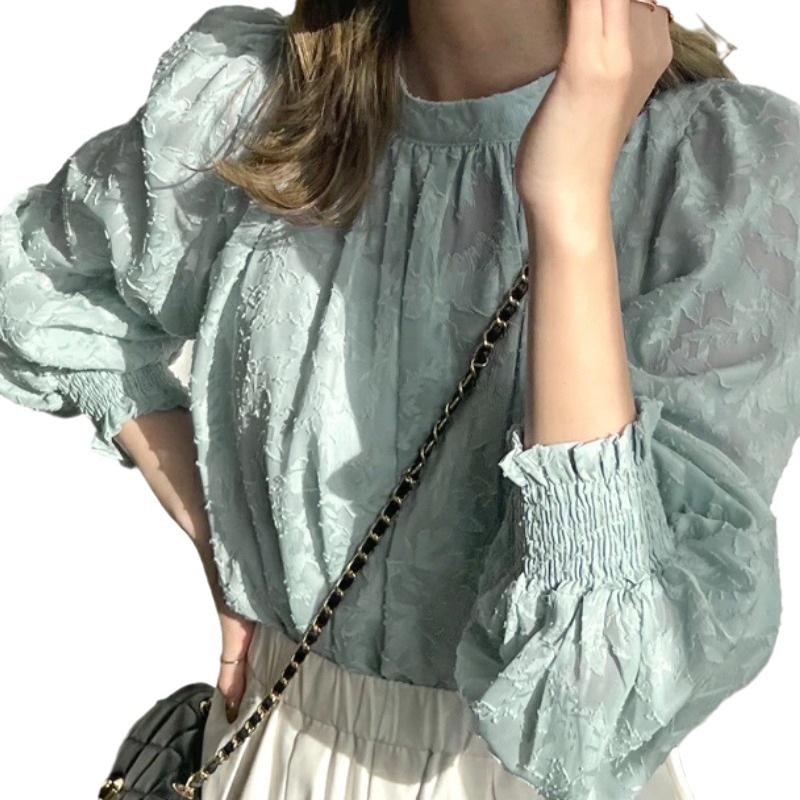 Дантелена шифонова блуза – полиестер, пуловер, полу‑висока яка, седемточкови ръкави, Slim версия, женски модел, японско‑корейски свободен стил