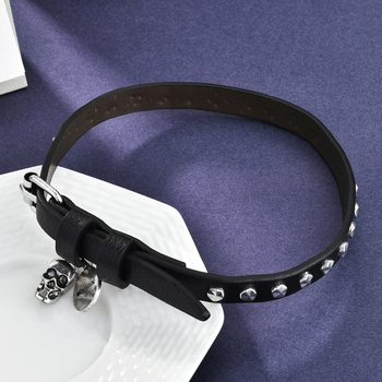 Чокър готикски череп колие, смесени материали, висулка паладий, кожена верига, стил Sweet Cool, марка Famous Bar