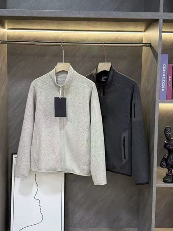 Ανδρικό εξωτερικό φλίς μπουφάν με στάσιο γιακά και φερμουάρ, ύφασμα 100% βαμβάκι, επένδυση κοραλλί φλίς, μονόχρωμο, για φθινοπωρινές δραστηριότητες σε εξωτερικούς χώρους