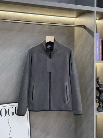 Ανδρικό εξωτερικό φλίς μπουφάν με στάσιο γιακά και φερμουάρ, ύφασμα 100% βαμβάκι, επένδυση κοραλλί φλίς, μονόχρωμο, για φθινοπωρινές δραστηριότητες σε εξωτερικούς χώρους