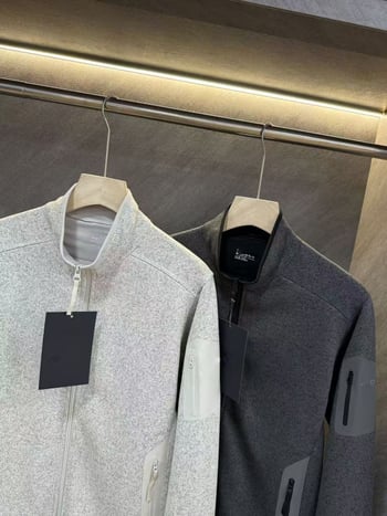 Ανδρικό εξωτερικό φλίς μπουφάν με στάσιο γιακά και φερμουάρ, ύφασμα 100% βαμβάκι, επένδυση κοραλλί φλίς, μονόχρωμο, για φθινοπωρινές δραστηριότητες σε εξωτερικούς χώρους