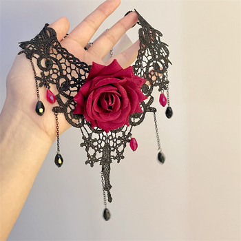 Choker ogrlica s čipkastom ružom — tkanina, ručna izrada, privjesak od rhinestones, ključna lanac, stilovi: kruna, val, kapljica