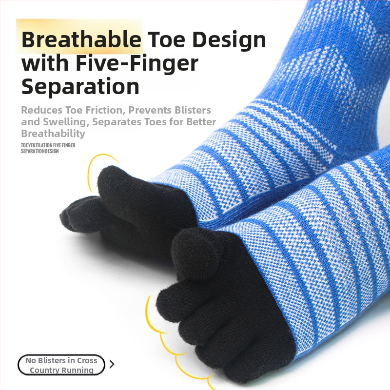 Ponožky s piatimi prstami na beh a turistiku, priedušné, rýchloschnúce, merino vlnený zmes: 39,3% merino, 42,6% akryl, 15,6% nylon, 2,5% elastan