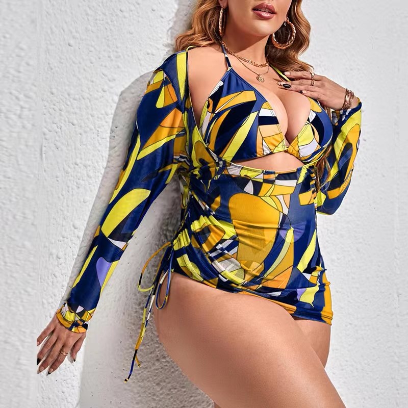 Trodjelni bikini set s mrežastom UV zaštitom, retro cvjetni uzorak, visok struk, gornji dio bez rukava, jastučići u košarici, bez metalne potpore, materijal: 82% poliester, 18% elastan