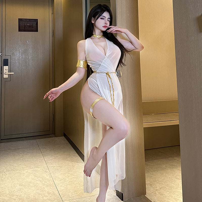 Διαφανής νυχτικό από δίχτυ με σπαντέξ, γλυκό στυλ ρόλων, μακριά φούστα με βαθύ σκίσιμο