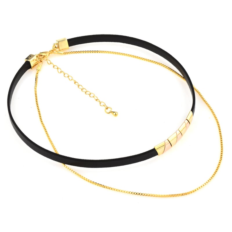 Двойнослоен чокър колие в черно с геометричен дизайн | Меден материал | Обиколка 31–40 см | Многослоен