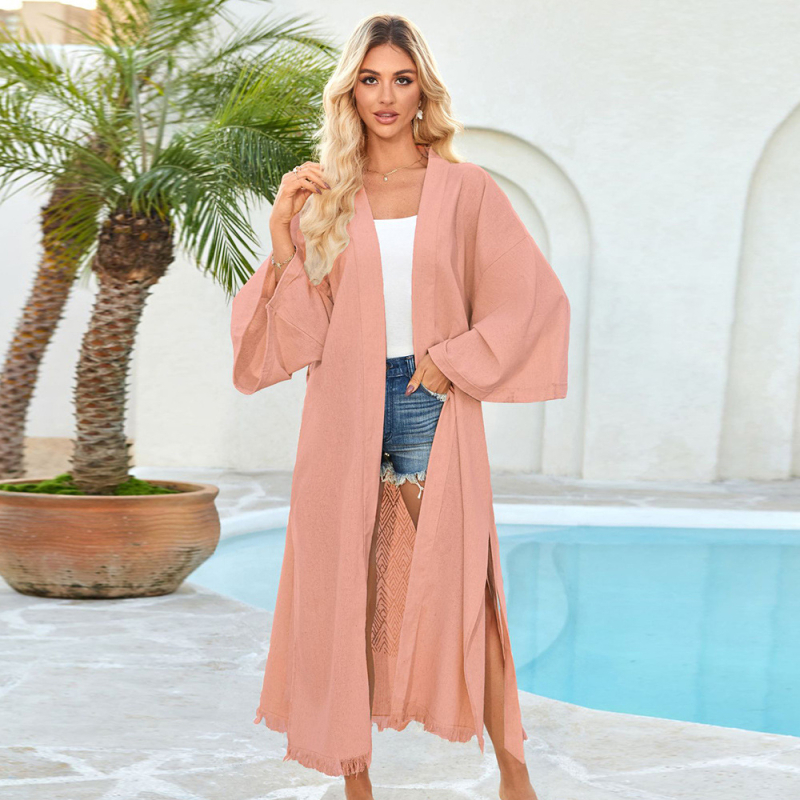 Plažna haljina od pamuka i lana s otiskom na leđima, seksi kardigan s resicama, ljetna haljina i pokrivalo za bikini.