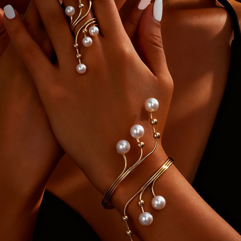 Női gyöngy karkötőkből álló 2 darabos készlet – könnyed luxus stílus, geometriai forma, anyag: vas, nyár 2025 kiadás