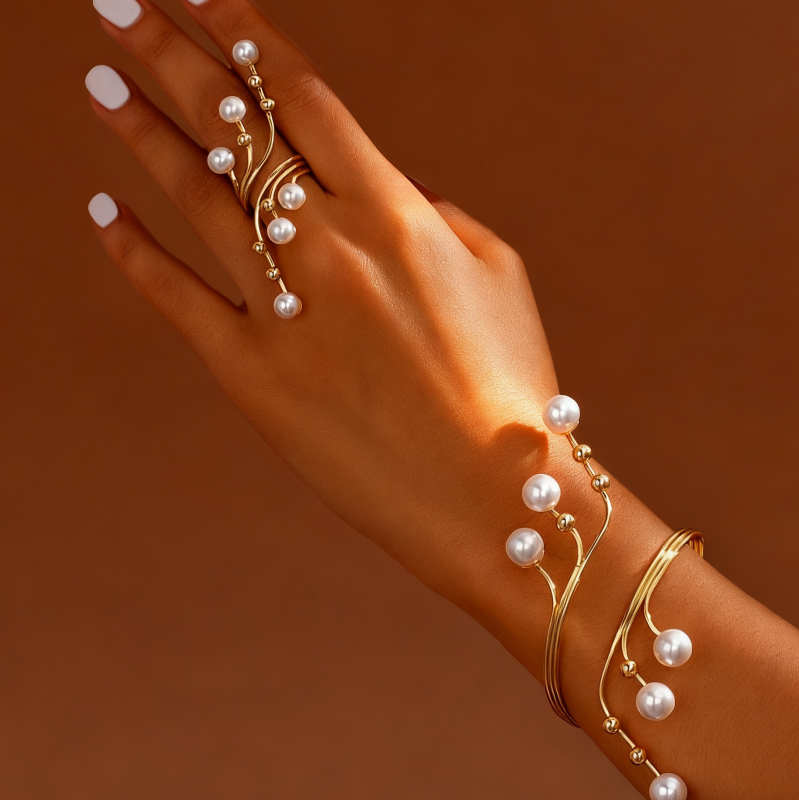 Női gyöngy karkötőkből álló 2 darabos készlet – könnyed luxus stílus, geometriai forma, anyag: vas, nyár 2025 kiadás