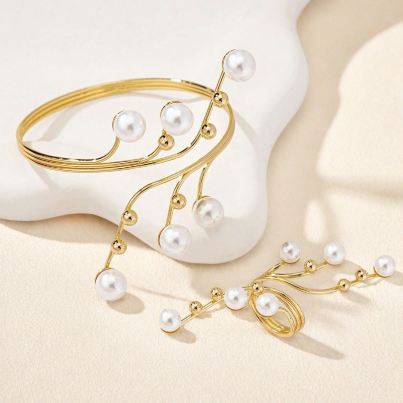 Női gyöngy karkötőkből álló 2 darabos készlet – könnyed luxus stílus, geometriai forma, anyag: vas, nyár 2025 kiadás