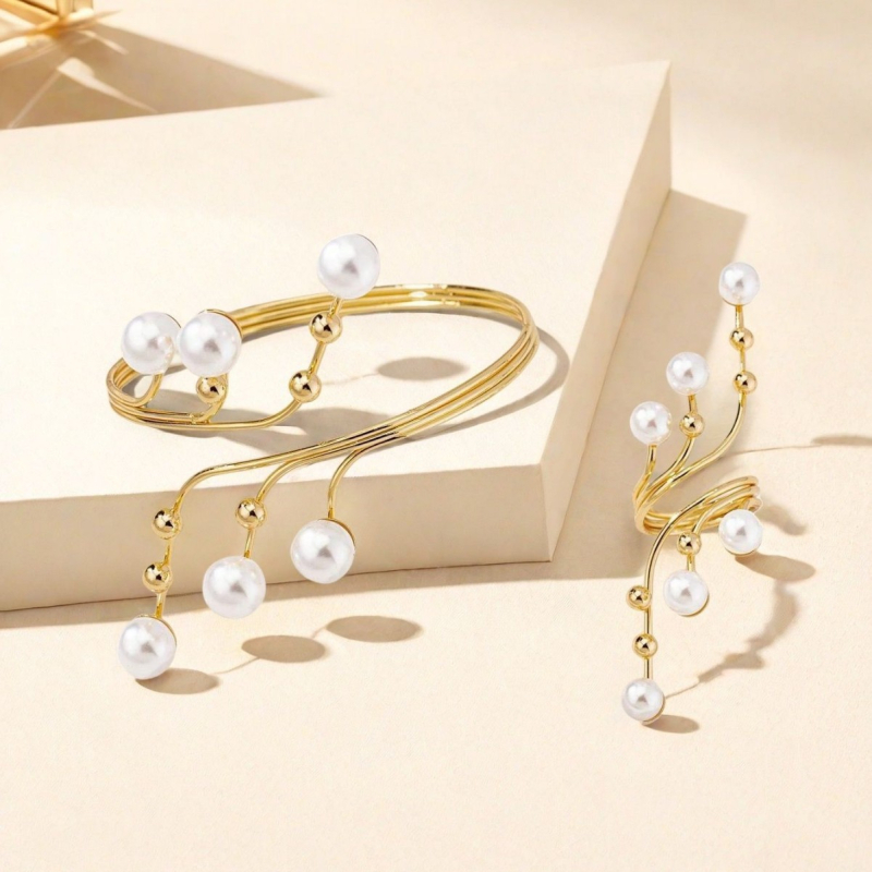 Női gyöngy karkötőkből álló 2 darabos készlet – könnyed luxus stílus, geometriai forma, anyag: vas, nyár 2025 kiadás