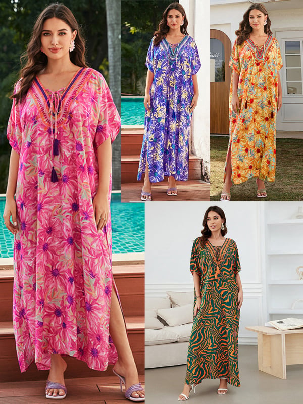 Otisak rayon plažna haljina za prekrivanje, duga, široka za bikini, zaštita od sunca; Materijal: rayon; Podstava: pamuk; Težina: 280 g; Stil: plažna odjeća