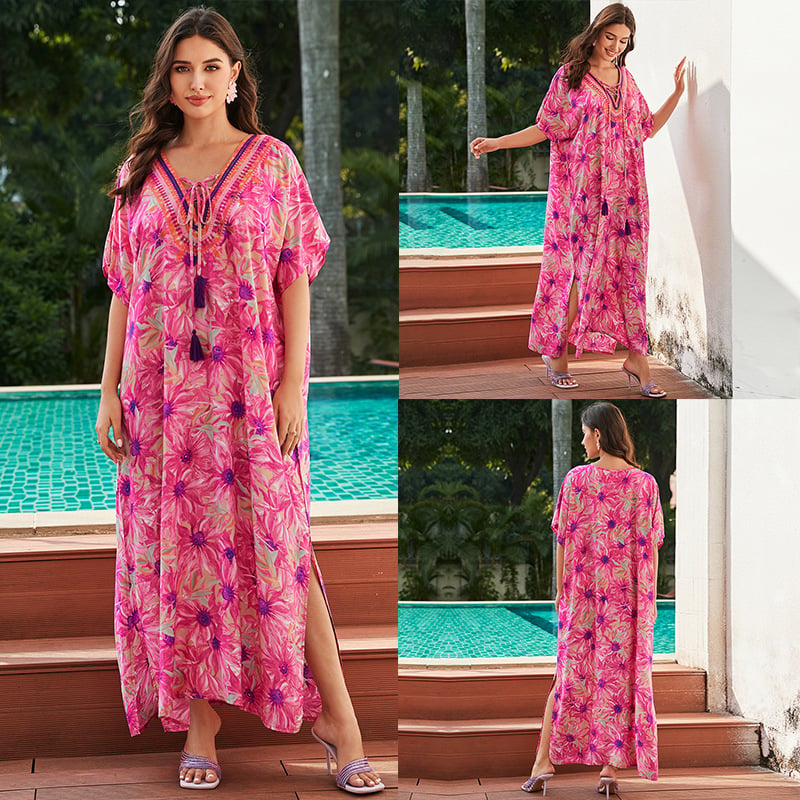 Otisak rayon plažna haljina za prekrivanje, duga, široka za bikini, zaštita od sunca; Materijal: rayon; Podstava: pamuk; Težina: 280 g; Stil: plažna odjeća