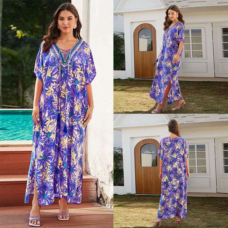 Otisak rayon plažna haljina za prekrivanje, duga, široka za bikini, zaštita od sunca; Materijal: rayon; Podstava: pamuk; Težina: 280 g; Stil: plažna odjeća