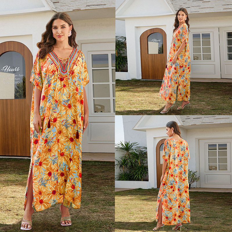 Otisak rayon plažna haljina za prekrivanje, duga, široka za bikini, zaštita od sunca; Materijal: rayon; Podstava: pamuk; Težina: 280 g; Stil: plažna odjeća