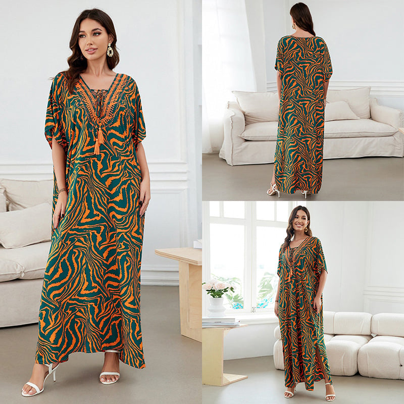 Otisak rayon plažna haljina za prekrivanje, duga, široka za bikini, zaštita od sunca; Materijal: rayon; Podstava: pamuk; Težina: 280 g; Stil: plažna odjeća