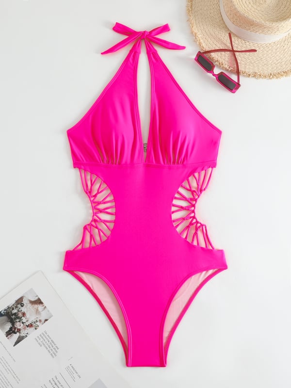 Costum de baie întreg pentru femei, fără bretele, croială strânsă; Material: nailon cu spandex; Căptușeală: poliester; Cu bureți pentru sâni