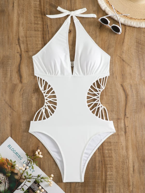 Costum de baie întreg pentru femei, fără bretele, croială strânsă; Material: nailon cu spandex; Căptușeală: poliester; Cu bureți pentru sâni