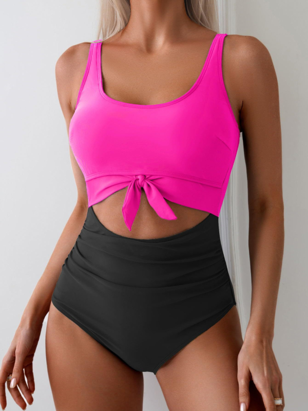 Costum de baie întreg – talie înaltă, fără spate, monocrom, cu burete pentru sân, poliester 82% cu 18% căptușeală