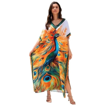 Duga haljina za plažu s otiskom, plus veličina; materijal: rayon; podstava: 100% pamuk; težina tkanine: 300 g
