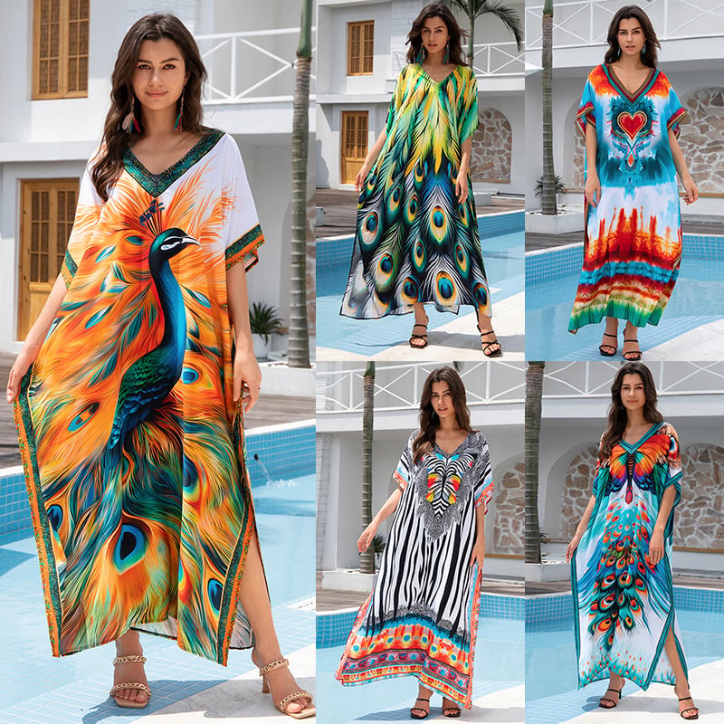 Duga haljina za plažu s otiskom, plus veličina; materijal: rayon; podstava: 100% pamuk; težina tkanine: 300 g