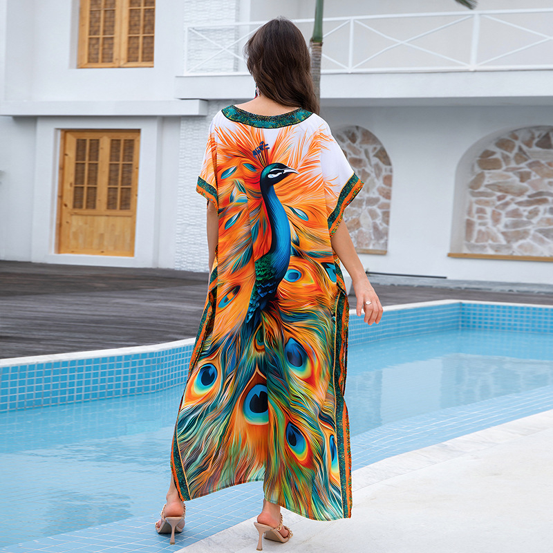 Duga haljina za plažu s otiskom, plus veličina; materijal: rayon; podstava: 100% pamuk; težina tkanine: 300 g