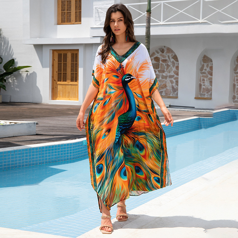 Duga haljina za plažu s otiskom, plus veličina; materijal: rayon; podstava: 100% pamuk; težina tkanine: 300 g
