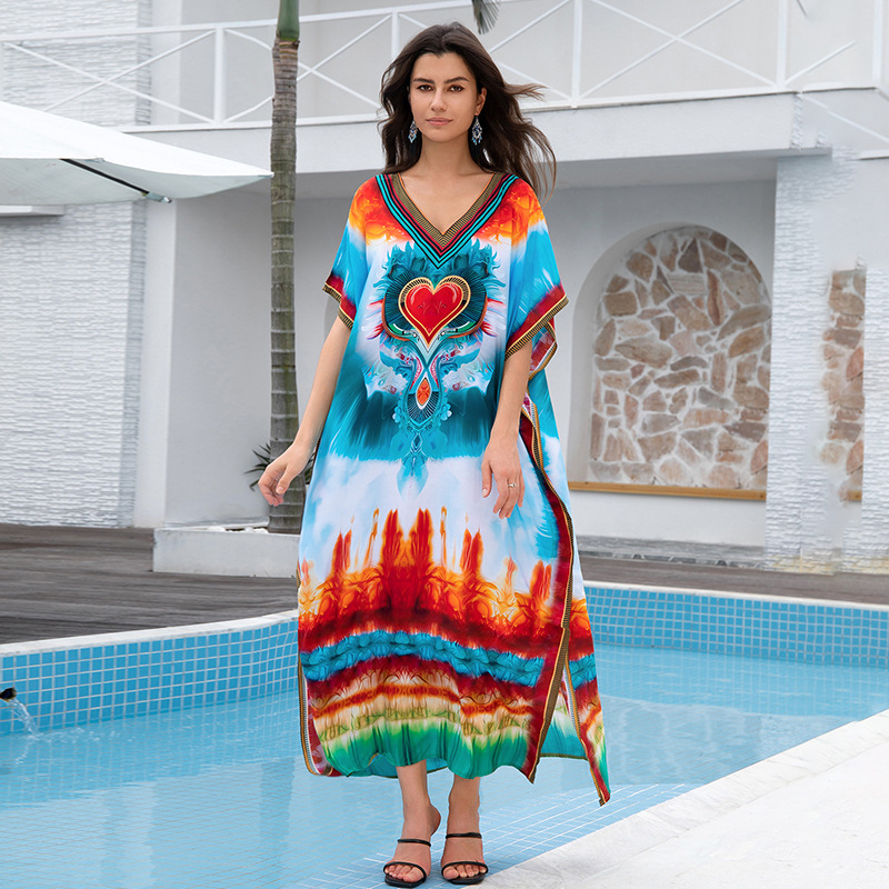 Duga haljina za plažu s otiskom, plus veličina; materijal: rayon; podstava: 100% pamuk; težina tkanine: 300 g