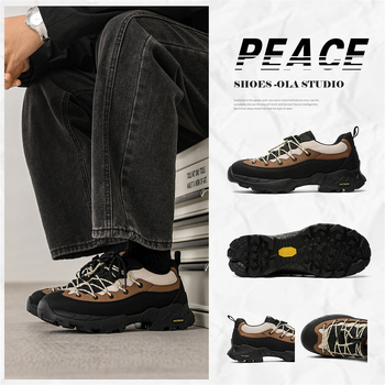 Ανδρικά Ορειβατικά Παπούτσια - Αναπνεύσιμα, Αδιάβροχα, Αντιολισθητικά; Άνω μέρος: ύφασμα + δέρμα split βοοειδών; Σόλα: καουτσούκ; Κλείσιμο μπροστά με κορδόνια; Χαμηλός αστράγαλος