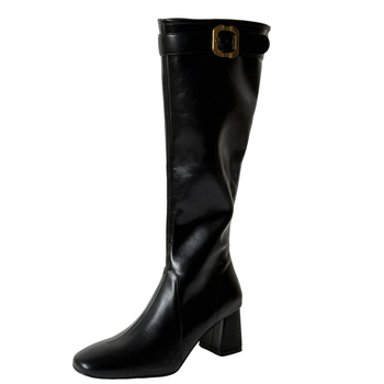 Lovas csizmák magas szárú, kerek orrú, hátul cipzár, széles sarok 6–8 cm, mikroszálas felsőrész