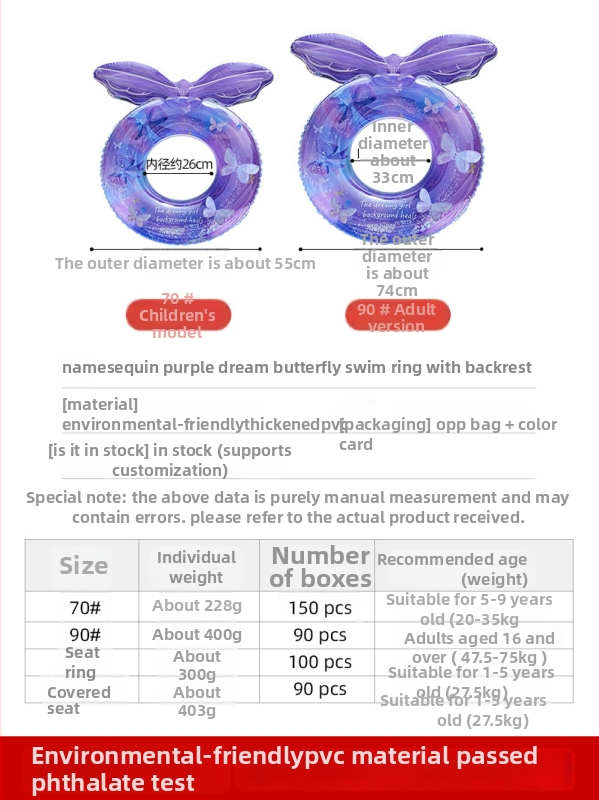 Detský nafukovací plavecký kruh s opierkou vo tvare motýľa, karikatúrny dizajn, PVC ekologicky šetrné, hrúbka 21 mil, ručné nafúknutie