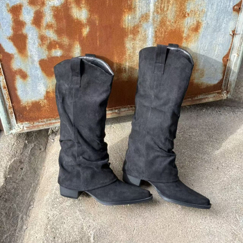 Γυναικείες μπότες με σουέντ επάνω, μυτερή μύτη, φαρδύς τακούνι 3–5 cm, σόλα καουτσούκ, ρετρό στυλ