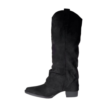 Γυναικείες μπότες με σουέντ επάνω, μυτερή μύτη, φαρδύς τακούνι 3–5 cm, σόλα καουτσούκ, ρετρό στυλ