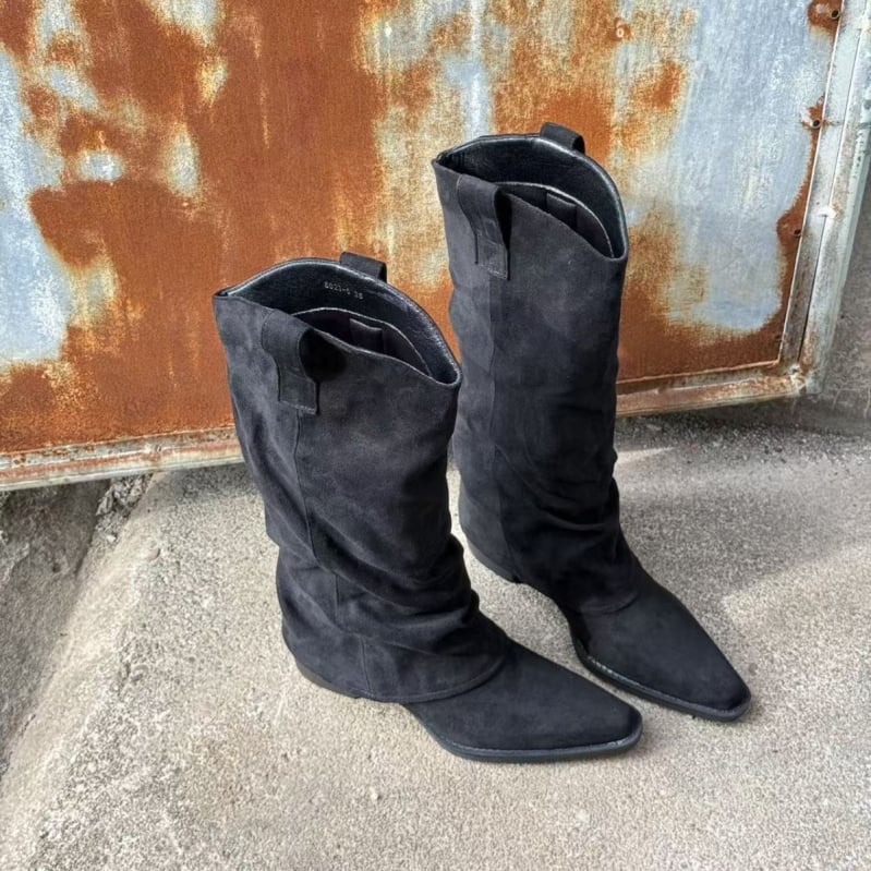 Γυναικείες μπότες με σουέντ επάνω, μυτερή μύτη, φαρδύς τακούνι 3–5 cm, σόλα καουτσούκ, ρετρό στυλ